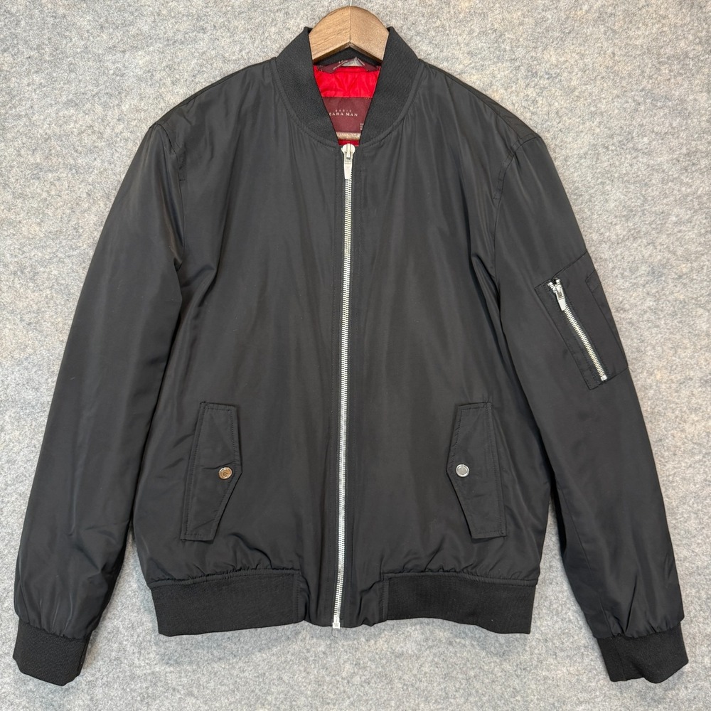 Zara Man Bomber Jacket Mens Large Quilted Lined Black Red Zip Modern Edgy